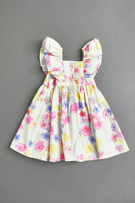 أر أند بي Floral Printed Dress with Square Neck and Flutter Sleeves