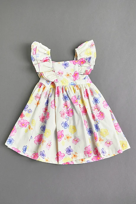 أر أند بي Floral Printed Dress with Square Neck and Flutter Sleeves