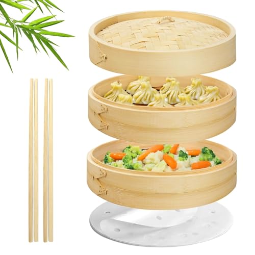 Flexzion Bamboo Steamer Basket Set (10 inch), 50 x Steamer Liners and 2 Pairs of Chopsticks, Steam Baskets for DimSum Dumplings, Rice, Vegetables, Fish and Meat - Image 1