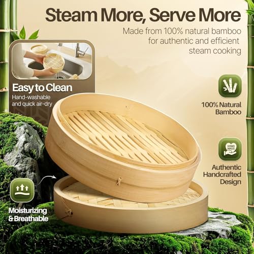 Flexzion Bamboo Steamer Basket Set (10 inch), 50 x Steamer Liners and 2 Pairs of Chopsticks, Steam Baskets for DimSum Dumplings, Rice, Vegetables, Fish and Meat - Image 2
