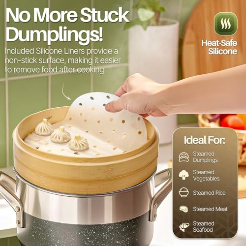 Flexzion Bamboo Steamer Basket Set (10 inch), 50 x Steamer Liners and 2 Pairs of Chopsticks, Steam Baskets for DimSum Dumplings, Rice, Vegetables, Fish and Meat - Image 3