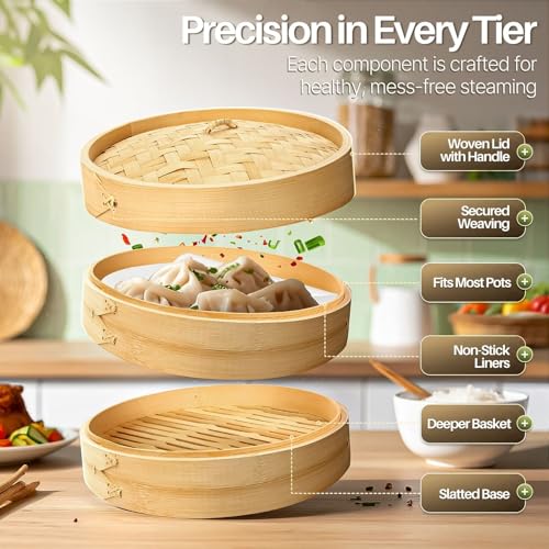 Flexzion Bamboo Steamer Basket Set (10 inch), 50 x Steamer Liners and 2 Pairs of Chopsticks, Steam Baskets for DimSum Dumplings, Rice, Vegetables, Fish and Meat - Image 4