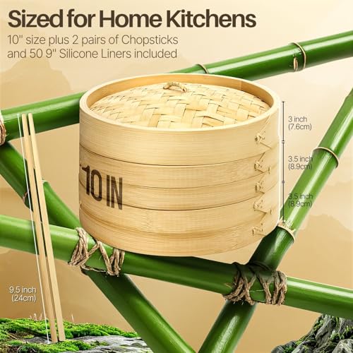 Flexzion Bamboo Steamer Basket Set (10 inch), 50 x Steamer Liners and 2 Pairs of Chopsticks, Steam Baskets for DimSum Dumplings, Rice, Vegetables, Fish and Meat - Image 5