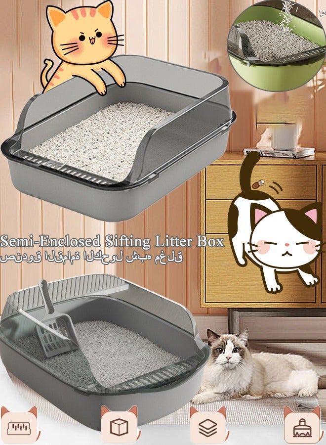 صندوق فضلات غربلة شبه مغلق مضاد للرذاذ مع ملعقة صينية فضلات مفتوحة من الأعلى للقطط ذات جوانب عالية صندوق فضلات القطط مرحاض السفر للقطط (رمادي) - Image 1