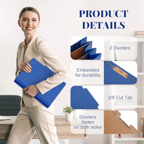 Skyygemm 48 Pcs Classification Folders Letter Size, 2 Divider Pressboard File Folders with 3. 5 Inch Expansion, 2 Prongs Fastener, Heavy Duty Office File Organizers for Teachers, Medical (Dark Blue) - Image 3