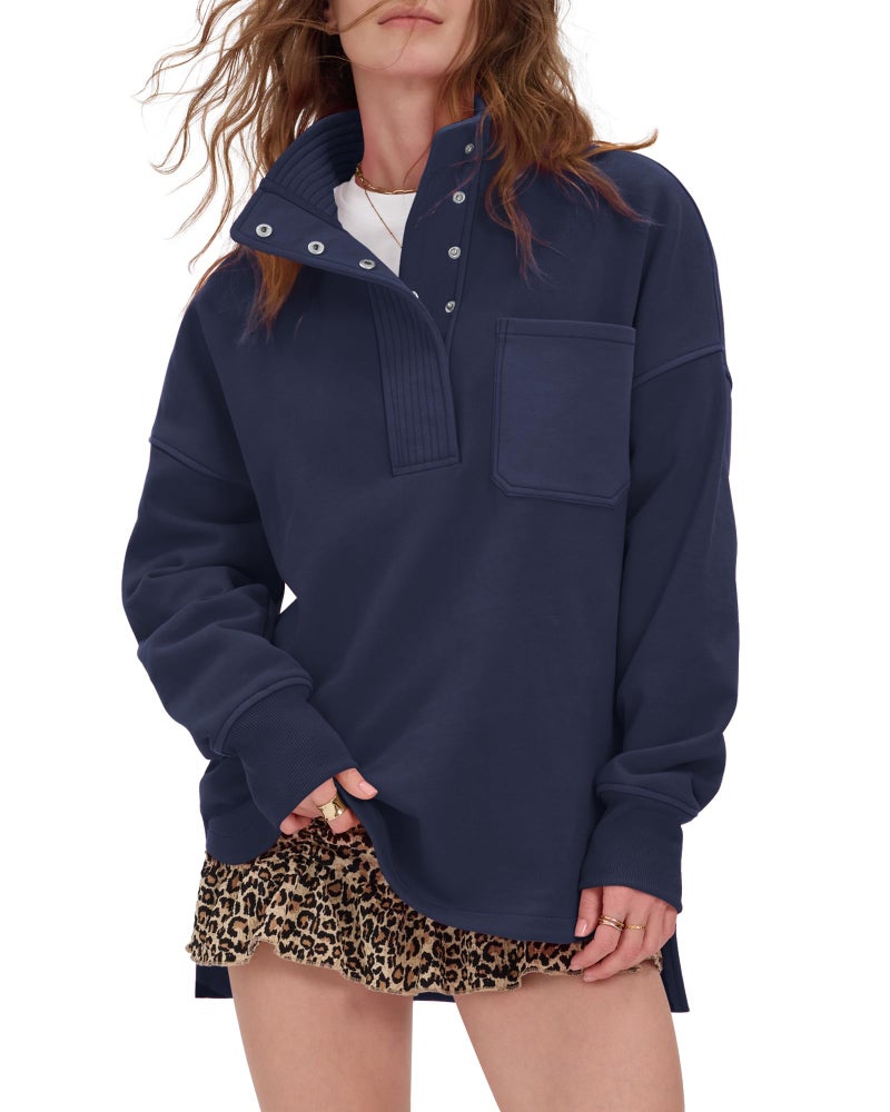 Locachy Womens Casual Oversized Sweatshirt Long Sleeve Button Henley Neck Pullover Tops Fashion Outfits Clothes Navy L - Image 1