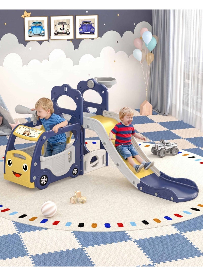 SHEIDLIN Kids Slide with Basketball Hoop, Bus-Shaped Play Set, Indoor Outdoor, Safe HDPE Material, 155x85x130cm for Toddlers - Image 1