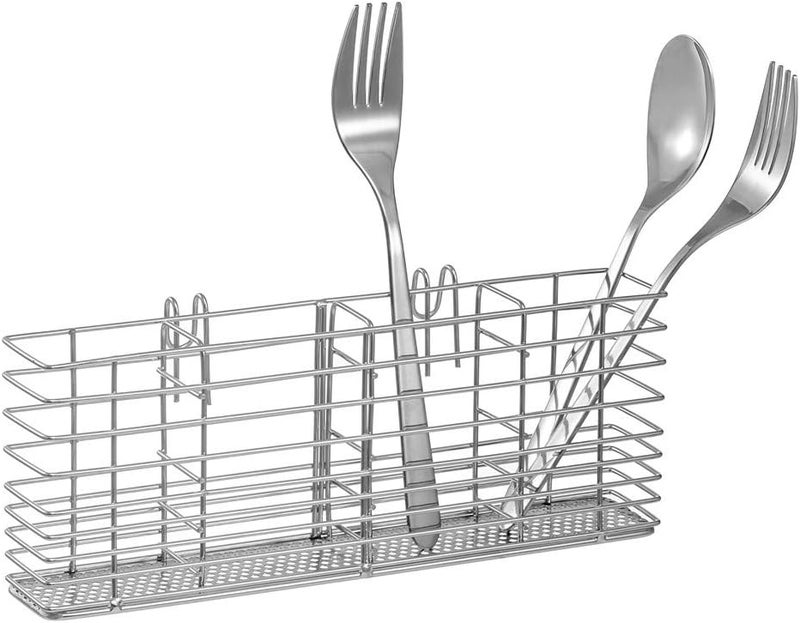 SANNO Stainless Steel Utensil Silverware Holder Organizer Drying Rack Basket Holder with Hooks 4 Divided Compartments Silverware Organizer, Rust Proof, No Drilling - Image 1