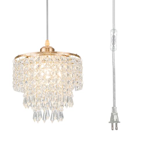 HongnuoFc 8" Plug in Pendant Light Corded Hanging Lights with Plug in Cord Hanging Lamp Plug in with 16.4 Ft Cord Mini Chandelier for Bedroom Kitchen Island Hallway Bathroom Closet (Gold) - Image 1