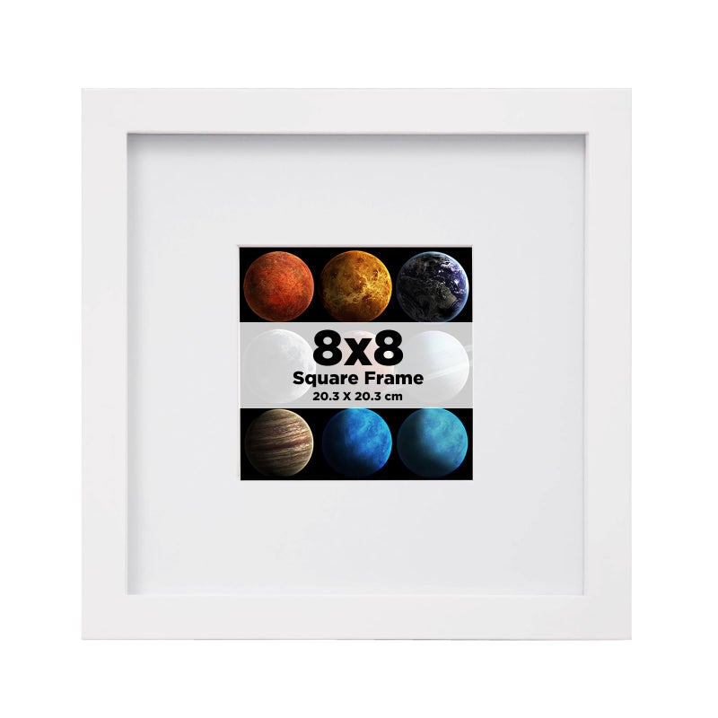 EGOFINE 8x8 Photo Frame Solid Wood Picture Frame with Acrylic Glass for Picture 4x4 with Mat or 20x20cm without Mat Square Frame with MountTabletop and Wall Mounting Display White