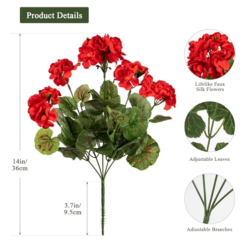 Uqueeten 4PCS Home Decor Fake Plants Artificial Flowers Artificial Geraniums Outdoor Fake Flowers Artificial Flowers Fake Silk Bouquet, Fall Decor for Interior Porch Garden Decoration (Red) 14.4" - Image 2