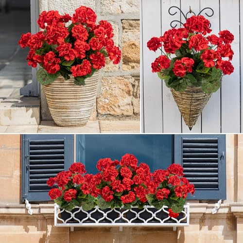 Uqueeten 4PCS Home Decor Fake Plants Artificial Flowers Artificial Geraniums Outdoor Fake Flowers Artificial Flowers Fake Silk Bouquet, Fall Decor for Interior Porch Garden Decoration (Red) 14.4" - Image 5