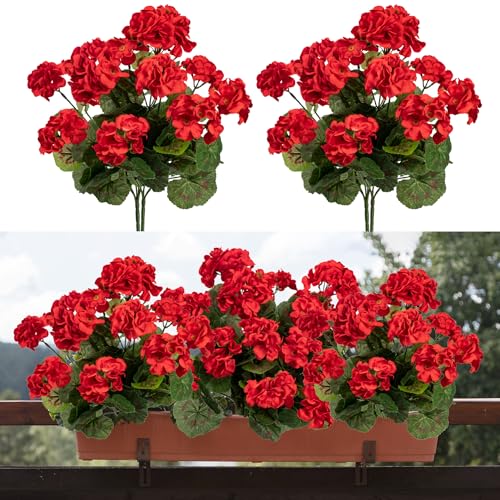 Uqueeten 4PCS Home Decor Fake Plants Artificial Flowers Artificial Geraniums Outdoor Fake Flowers Artificial Flowers Fake Silk Bouquet, Fall Decor for Interior Porch Garden Decoration (Red) 14.4" - Image 1