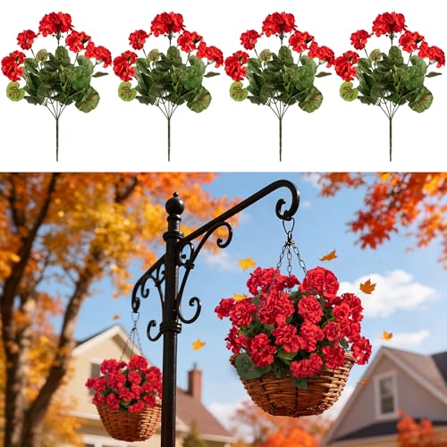 Uqueeten 4PCS Home Decor Fake Plants Artificial Flowers Artificial Geraniums Outdoor Fake Flowers Artificial Flowers Fake Silk Bouquet, Fall Decor for Interior Porch Garden Decoration (Red) 14.4" - Image 3