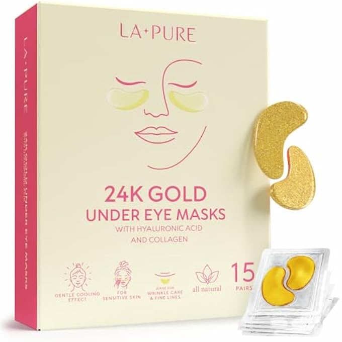 LA PURE قناع علاج العين بالذهب عيار 24 قيراط | أقنعة العين للهالات السوداء، علاج التجاعيد، وسادات جل تحت العين، قناع العين للعيون المنتفخة، العناية بالبشرة، الترطيب، هدايا للنساء | 15 زوج (عبوة واحدة) - Image 1