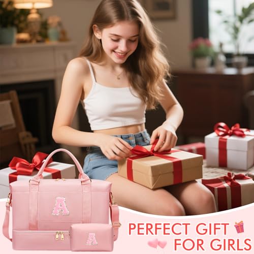 CLOUDWINGS Personalized Initial Travel Duffle Bag for Teen Girl Weekender Overnight Hospital Monogram Gym Carry on Bag with Shoe Compartment Gifts for Daughter Friend Birthday Christmas Pink A - Image 3