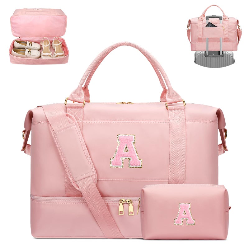 CLOUDWINGS Personalized Initial Travel Duffle Bag for Teen Girl Weekender Overnight Hospital Monogram Gym Carry on Bag with Shoe Compartment Gifts for Daughter Friend Birthday Christmas Pink A - Image 2