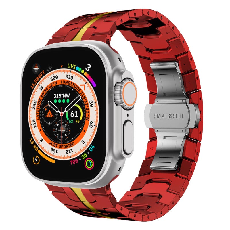 NewWays Metal Band Compatible with Apple Watch Band Ultra3 2 1 49mm Series11 10 46mm Series 9 8 7 45mm 44mm SE 6 5 4 3 42mm iWatch Stainless Steel Link Bands, Red/Gold - Image 3