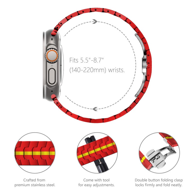 NewWays Metal Band Compatible with Apple Watch Band Ultra3 2 1 49mm Series11 10 46mm Series 9 8 7 45mm 44mm SE 6 5 4 3 42mm iWatch Stainless Steel Link Bands, Red/Gold - Image 4