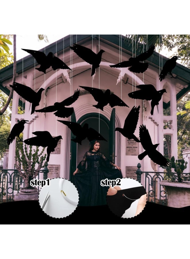 جورونب 18 قطعة من زينة الغراب المعلقة في الهواء الطلق لحفلات الهالوين، زينة غراب كبيرة متوهجة في الظلام للتعليق في شرفة الشجرة والفناء - Image 5