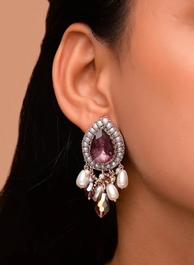 SANJOYA by EVERSTYLISH Embroidered Earrings for Women | Rosy Stone, Beads & Glass Drop Stud Earrings | Ethnic Jewelry for Weddings, Festivals & Special Occasions - Image 3