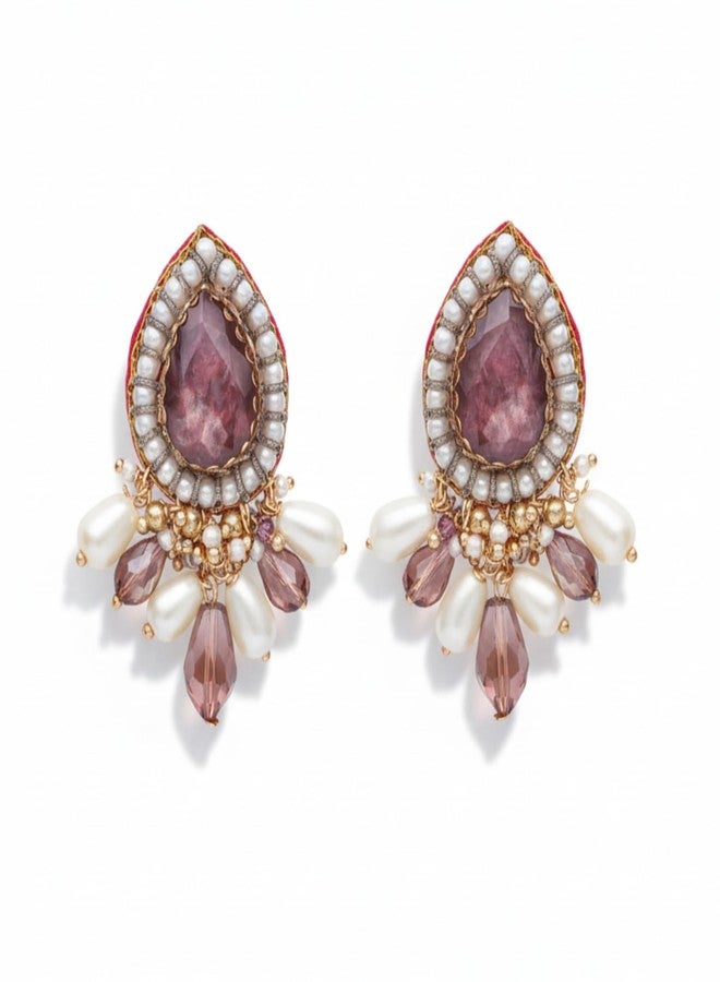 SANJOYA by EVERSTYLISH Embroidered Earrings for Women | Rosy Stone, Beads & Glass Drop Stud Earrings | Ethnic Jewelry for Weddings, Festivals & Special Occasions - Image 2