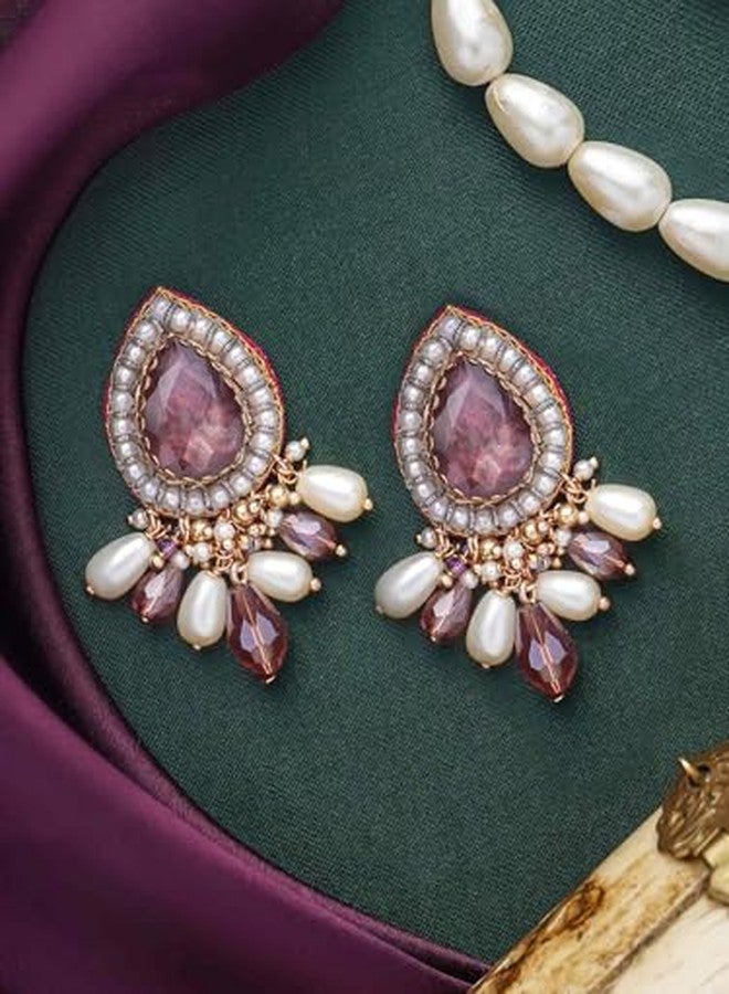 SANJOYA by EVERSTYLISH Embroidered Earrings for Women | Rosy Stone, Beads & Glass Drop Stud Earrings | Ethnic Jewelry for Weddings, Festivals & Special Occasions - Image 5