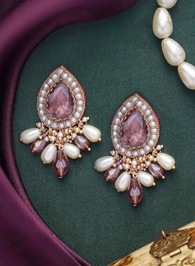 SANJOYA by EVERSTYLISH Embroidered Earrings for Women | Rosy Stone, Beads & Glass Drop Stud Earrings | Ethnic Jewelry for Weddings, Festivals & Special Occasions - Image 4