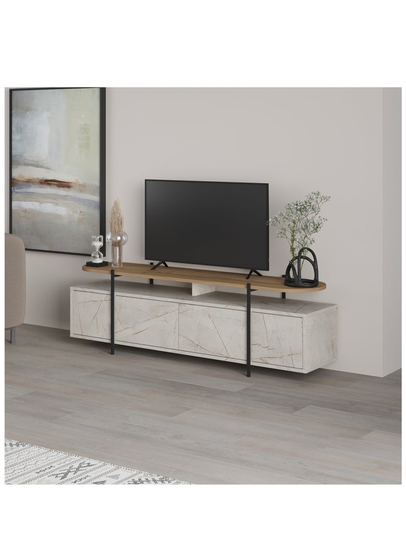 موراه خزانة تلفزيون هانلي من موراه هوم لأجهزة التلفزيون حتى ٦٥ بوصة | طاولة تلفزيون بأرجل معدنية | خزانة غرفة المعيشة | حامل تلفزيون بأربعة أبواب | ١٦٠ × ٣٥٫٦ × ٤٩٫٢ سم | ذهبي رخامي/بني - Image 2