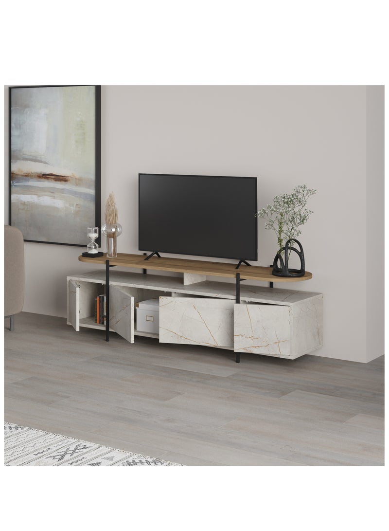 موراه خزانة تلفزيون هانلي من موراه هوم لأجهزة التلفزيون حتى ٦٥ بوصة | طاولة تلفزيون بأرجل معدنية | خزانة غرفة المعيشة | حامل تلفزيون بأربعة أبواب | ١٦٠ × ٣٥٫٦ × ٤٩٫٢ سم | ذهبي رخامي/بني - Image 3