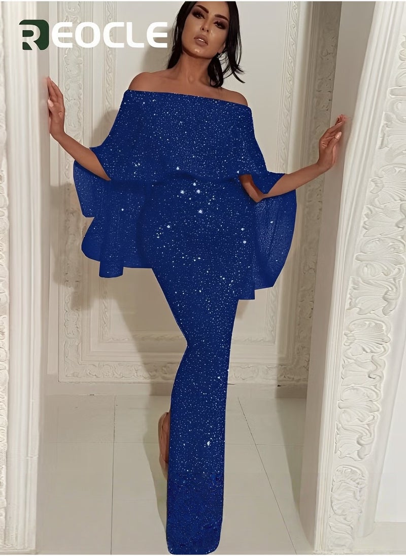 REOCLE One-shoulder Dress Evening Dress Large Ruffled Shawl Design on The Back Slim Fit Elegant Glittering Evening Dress - Image 2