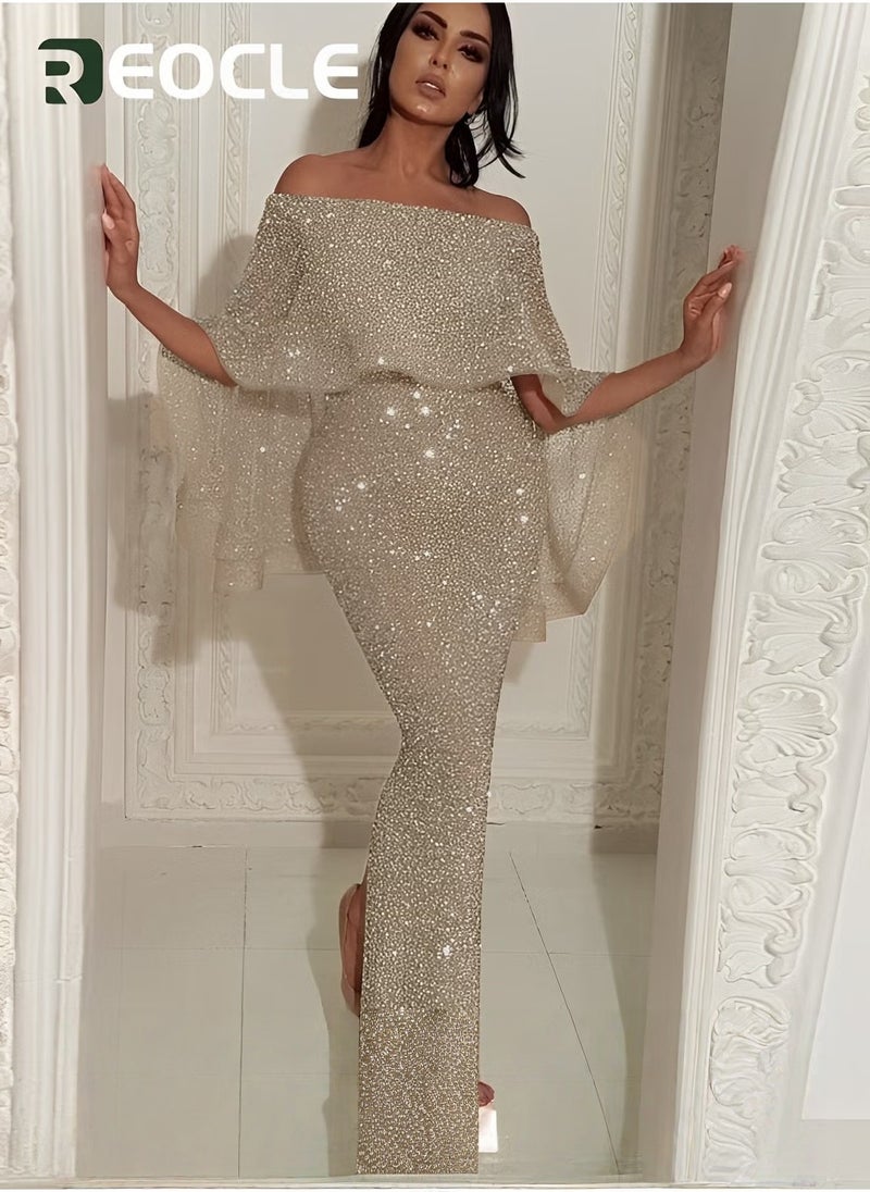 REOCLE One-shoulder Dress Evening Dress Large Ruffled Shawl Design on The Back Slim Fit Elegant Glittering Evening Dress - Image 3