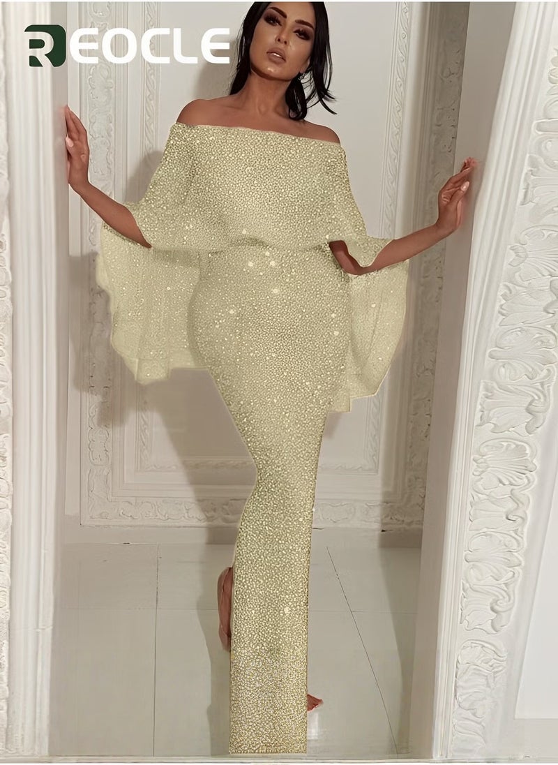 REOCLE One-shoulder Dress Evening Dress Large Ruffled Shawl Design on The Back Slim Fit Elegant Glittering Evening Dress - Image 5