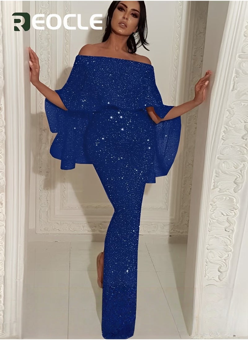 REOCLE One-shoulder Dress Evening Dress Large Ruffled Shawl Design on The Back Slim Fit Elegant Glittering Evening Dress - Image 1