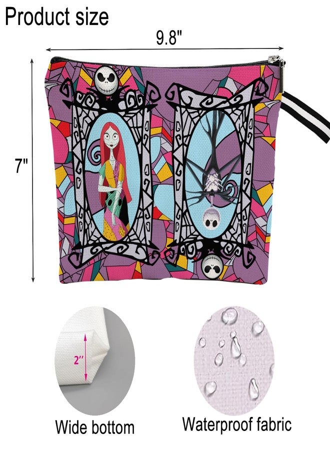 WLWLGLUCK Portable Jack & Sally Themed Makeup Bag, Before Xmas Nightmare Cosmetic Bag, Jack Skellington & Sally Portable Travel Cosmetic Organizer- Cotton & Linen, Water-Resistant, 9.8x7 Inches - Image 3