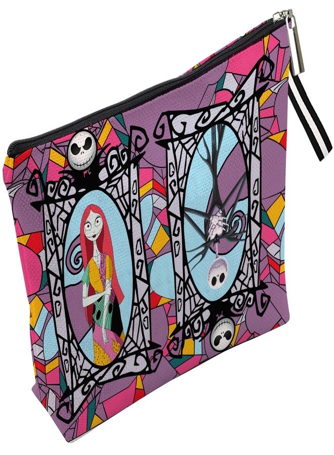 WLWLGLUCK Portable Jack & Sally Themed Makeup Bag, Before Xmas Nightmare Cosmetic Bag, Jack Skellington & Sally Portable Travel Cosmetic Organizer- Cotton & Linen, Water-Resistant, 9.8x7 Inches - Image 1