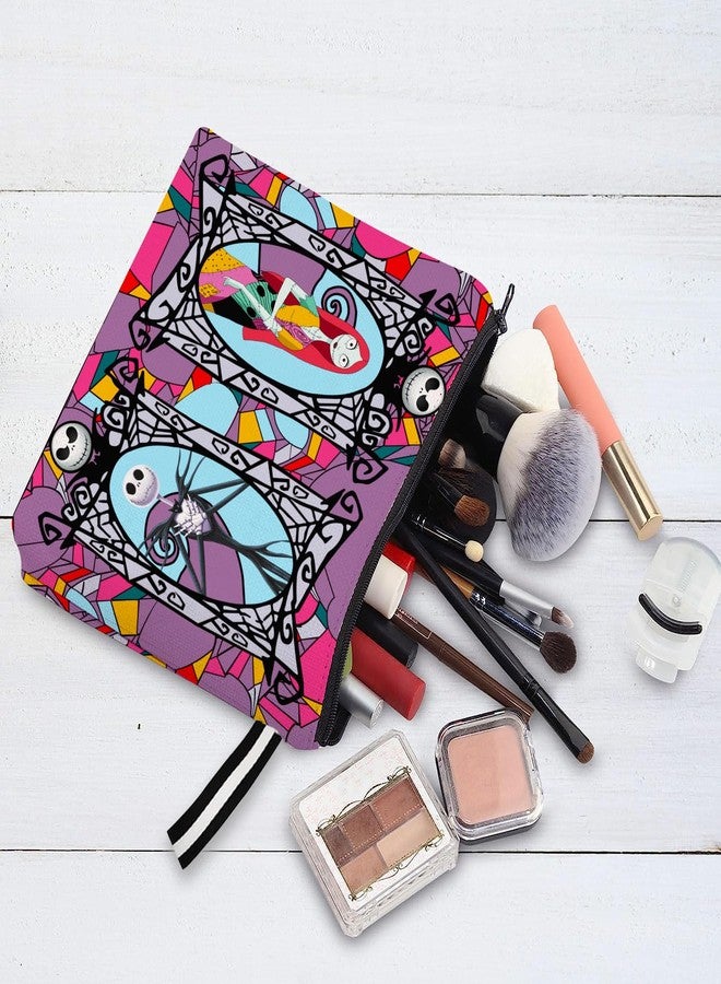 WLWLGLUCK Portable Jack & Sally Themed Makeup Bag, Before Xmas Nightmare Cosmetic Bag, Jack Skellington & Sally Portable Travel Cosmetic Organizer- Cotton & Linen, Water-Resistant, 9.8x7 Inches - Image 4