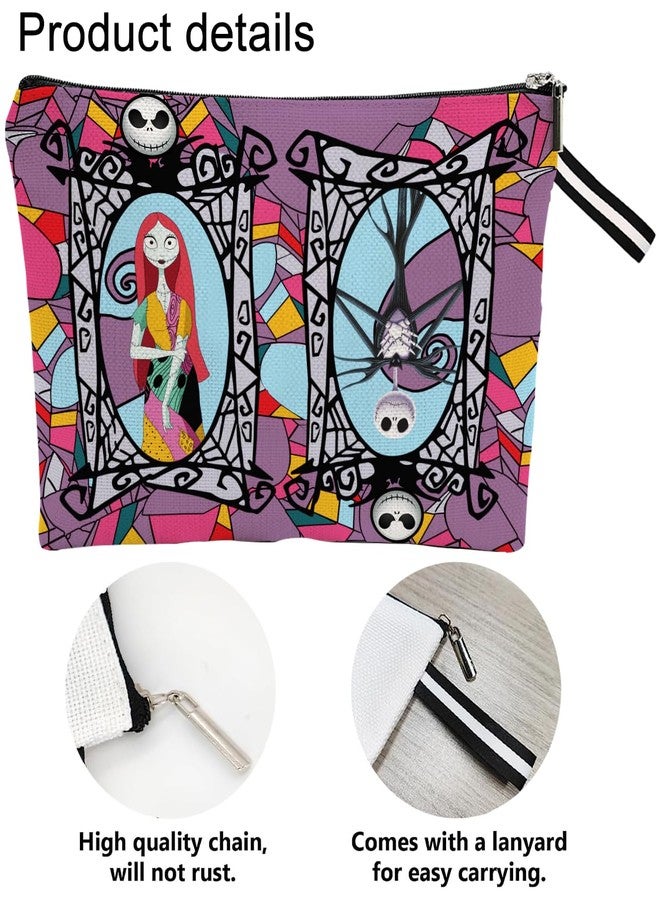 WLWLGLUCK Portable Jack & Sally Themed Makeup Bag, Before Xmas Nightmare Cosmetic Bag, Jack Skellington & Sally Portable Travel Cosmetic Organizer- Cotton & Linen, Water-Resistant, 9.8x7 Inches - Image 2