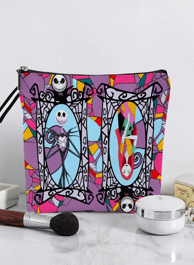 WLWLGLUCK Portable Jack & Sally Themed Makeup Bag, Before Xmas Nightmare Cosmetic Bag, Jack Skellington & Sally Portable Travel Cosmetic Organizer- Cotton & Linen, Water-Resistant, 9.8x7 Inches - Image 5