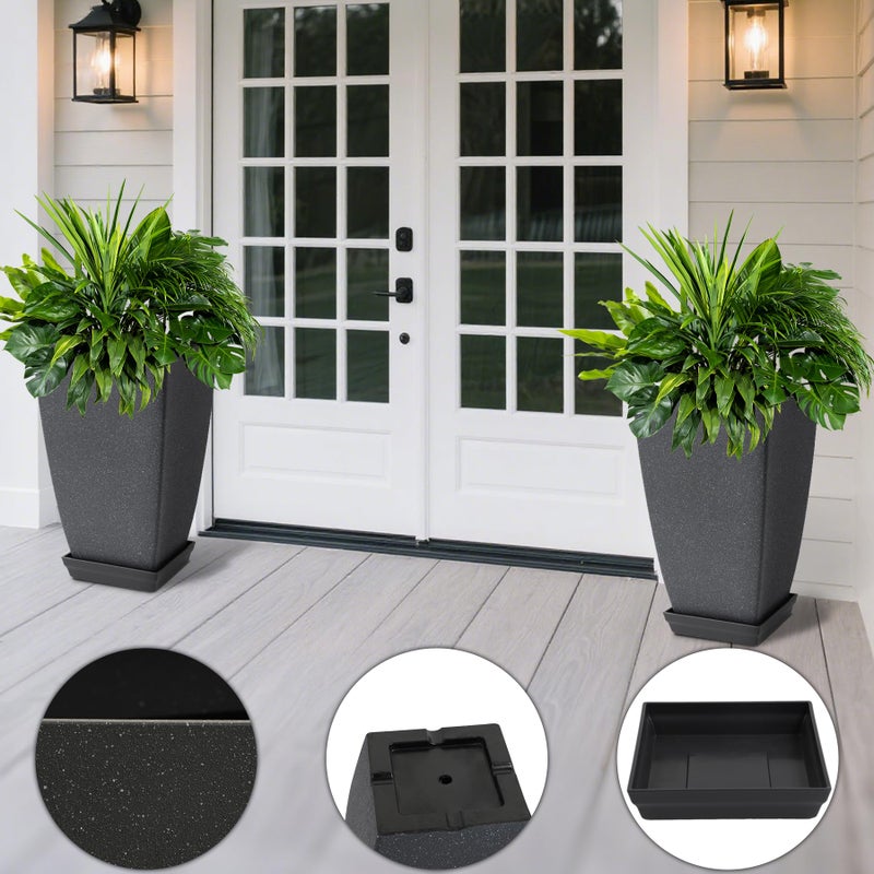 Neoaider Set of 2 Tall Planter, 21 inch Large Plastic Planter with Drain Hole & Saucers, Large Outdoor Planters for Porch, Garden, Patio, Balcony(Cement Gray) - Image 5