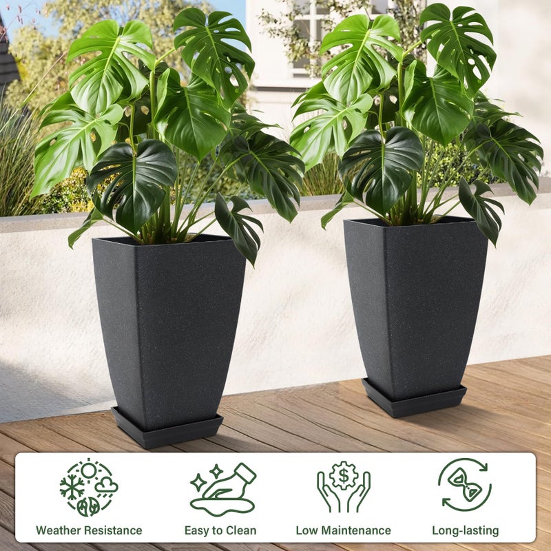 Neoaider Set of 2 Tall Planter, 21 inch Large Plastic Planter with Drain Hole & Saucers, Large Outdoor Planters for Porch, Garden, Patio, Balcony(Cement Gray) - Image 4