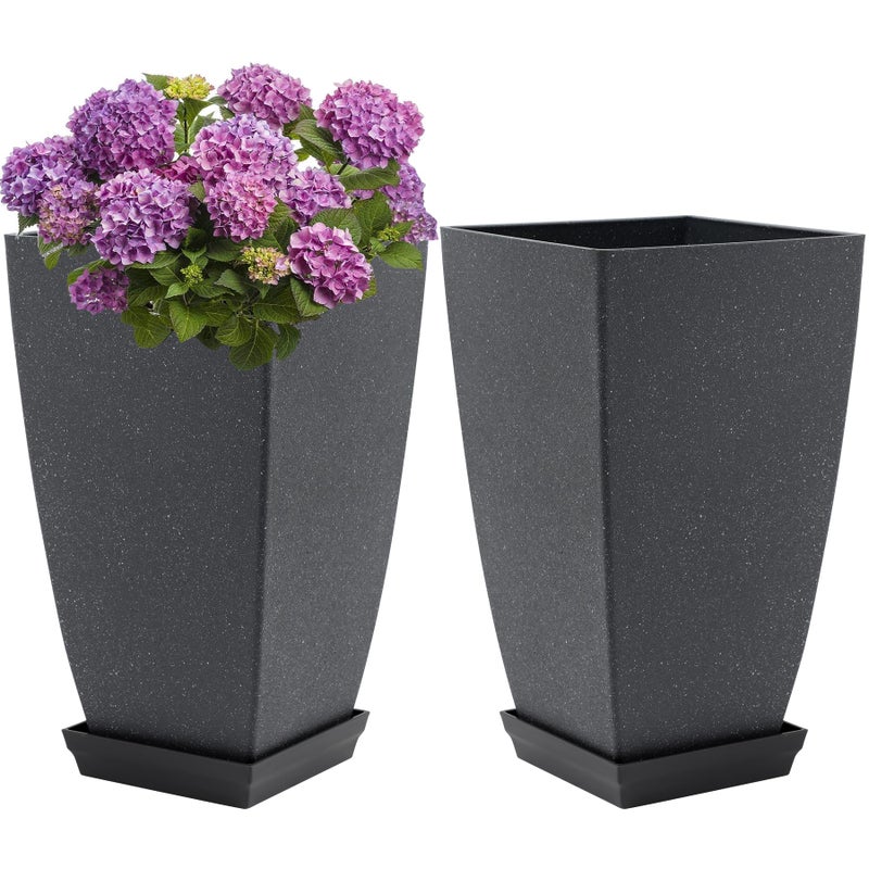 Neoaider Set of 2 Tall Planter, 21 inch Large Plastic Planter with Drain Hole & Saucers, Large Outdoor Planters for Porch, Garden, Patio, Balcony(Cement Gray) - Image 1