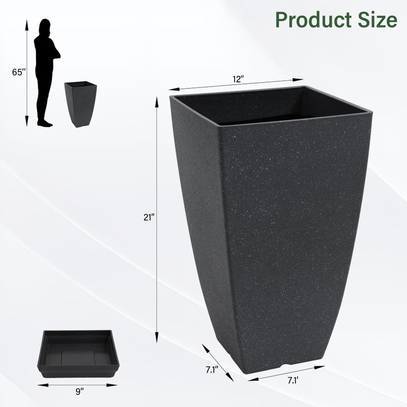Neoaider Set of 2 Tall Planter, 21 inch Large Plastic Planter with Drain Hole & Saucers, Large Outdoor Planters for Porch, Garden, Patio, Balcony(Cement Gray) - Image 3