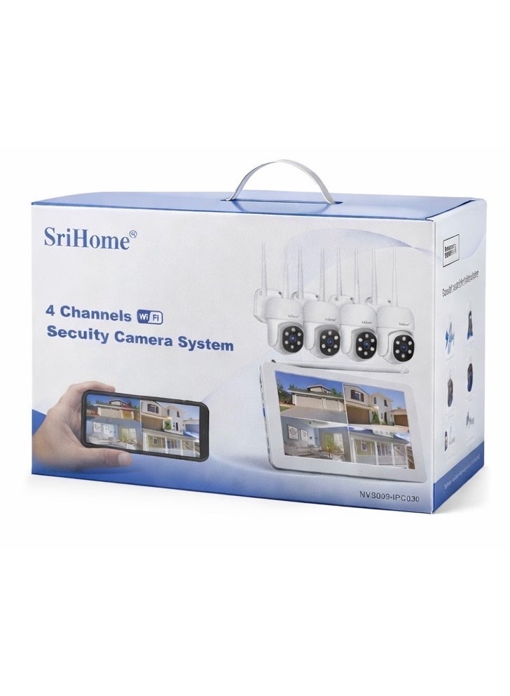 SriHome نظام كاميرات أمان واي فاي 4 قنوات من SriHome مع 4 كاميرات لاسلكية، رؤية ليلية، كشف حركة، مشاهدة عن بُعد عبر الهاتف المحمول، مجموعة مراقبة CCTV داخلية وخارجية - Image 1