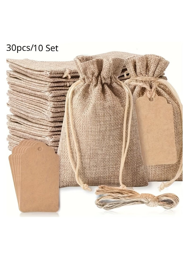 30pcs/10Set, Premium Burlap Gift Bags with Drawstring And Gift Tags String, 10x14 cm Reusable Gift Bags, Linen Sacks Bag for Wedding Favors Party Jewelry Pouches,DIY Craft Bags - Image 1