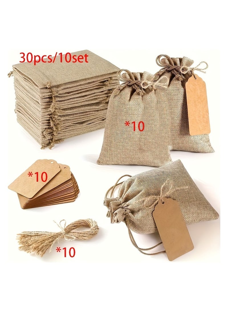 30pcs/10Set, Premium Burlap Gift Bags with Drawstring And Gift Tags String, 10x14 cm Reusable Gift Bags, Linen Sacks Bag for Wedding Favors Party Jewelry Pouches,DIY Craft Bags - Image 2
