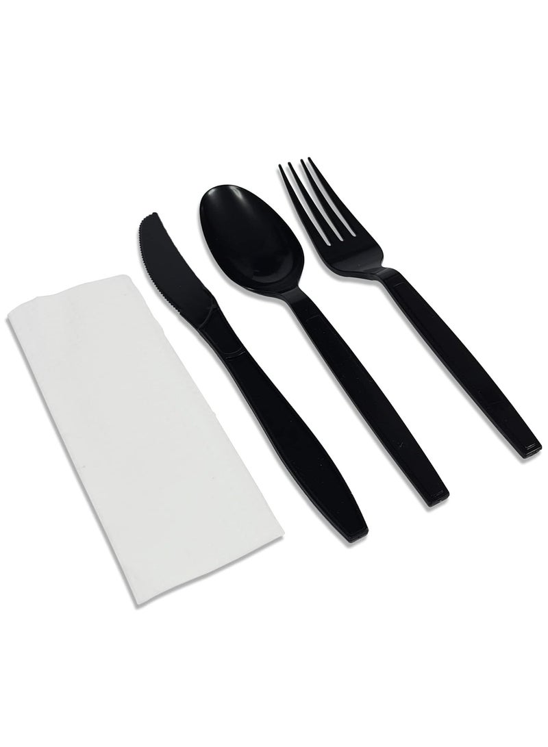 50 Pieces Each Black Plastic Cutlery Set Spoons Knives Forks Napkins Set Disposable Cutlery Set Individually Wrapped Plastic Cutlery Disposable Spoons Disposable Fork Plastic Spoon Heavy Duty Plastic Black 18 cm - Image 1