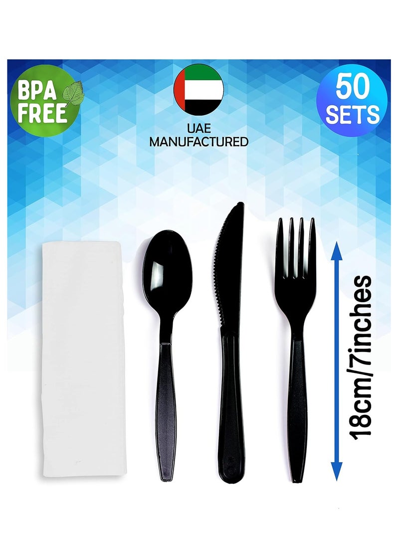 50 Pieces Each Black Plastic Cutlery Set Spoons Knives Forks Napkins Set Disposable Cutlery Set Individually Wrapped Plastic Cutlery Disposable Spoons Disposable Fork Plastic Spoon Heavy Duty Plastic Black 18 cm - Image 4