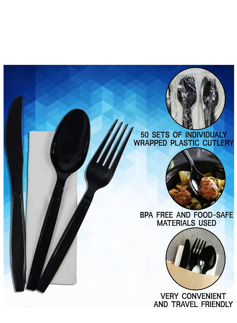 50 Pieces Each Black Plastic Cutlery Set Spoons Knives Forks Napkins Set Disposable Cutlery Set Individually Wrapped Plastic Cutlery Disposable Spoons Disposable Fork Plastic Spoon Heavy Duty Plastic Black 18 cm - Image 2