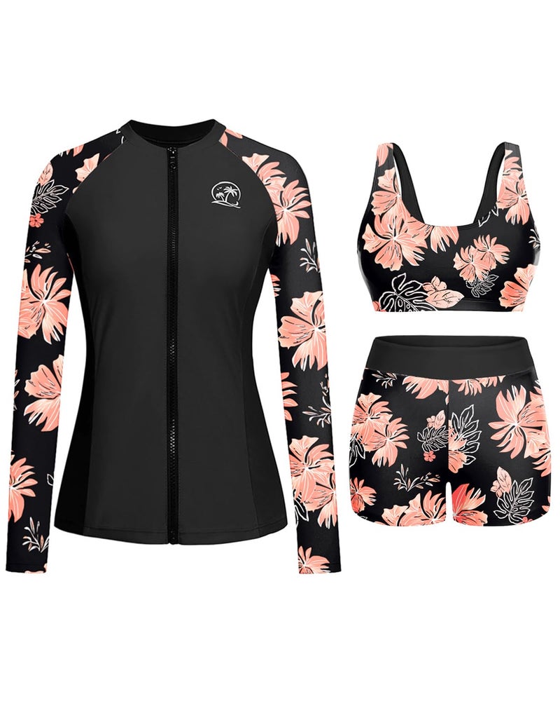 Holipick Orange Floral Long Sleeve Swimsuits for Women 3 Piece Rash Guard with Shorts Zipper SPF Swim Shirt with Built in Bra XXS